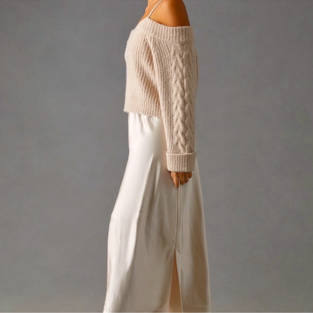 Mare Mare Anthropologie Champagne Knit Sweater Midi Satin Dress Skirt Set L